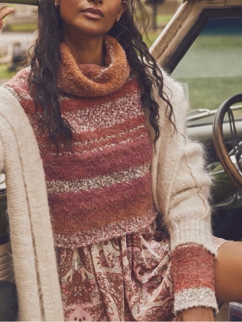 Free People My Girl Striped Fuzzy Cropped Turtleneck Sweater